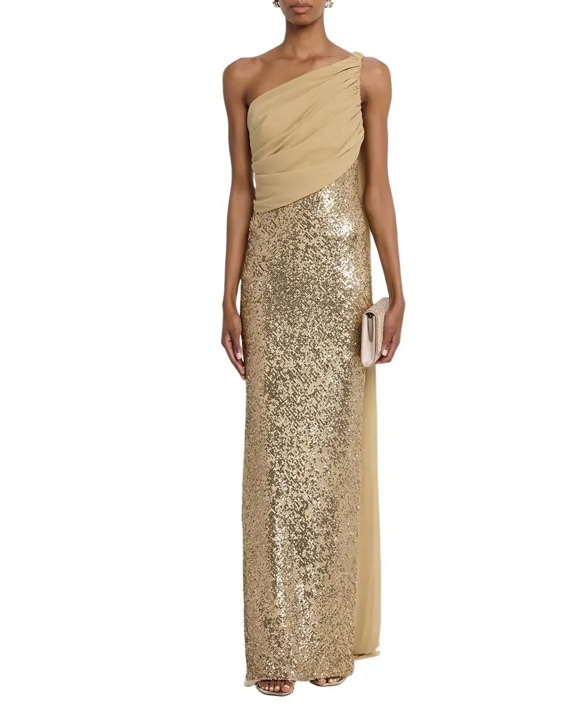 Pamella Roland Draped Chiffon One-Shoulder Sequined Gown