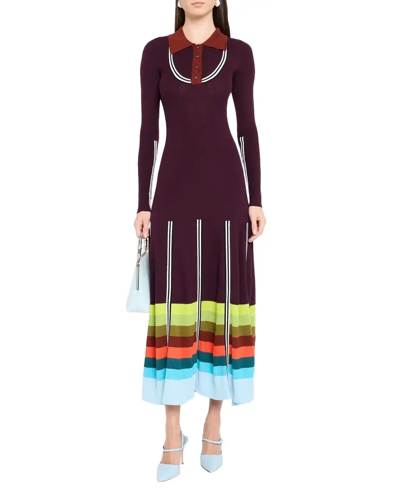 CHRISTOPHER JOHN ROGERS Striped Rib Long-Sleeve Maxi Polo Dress