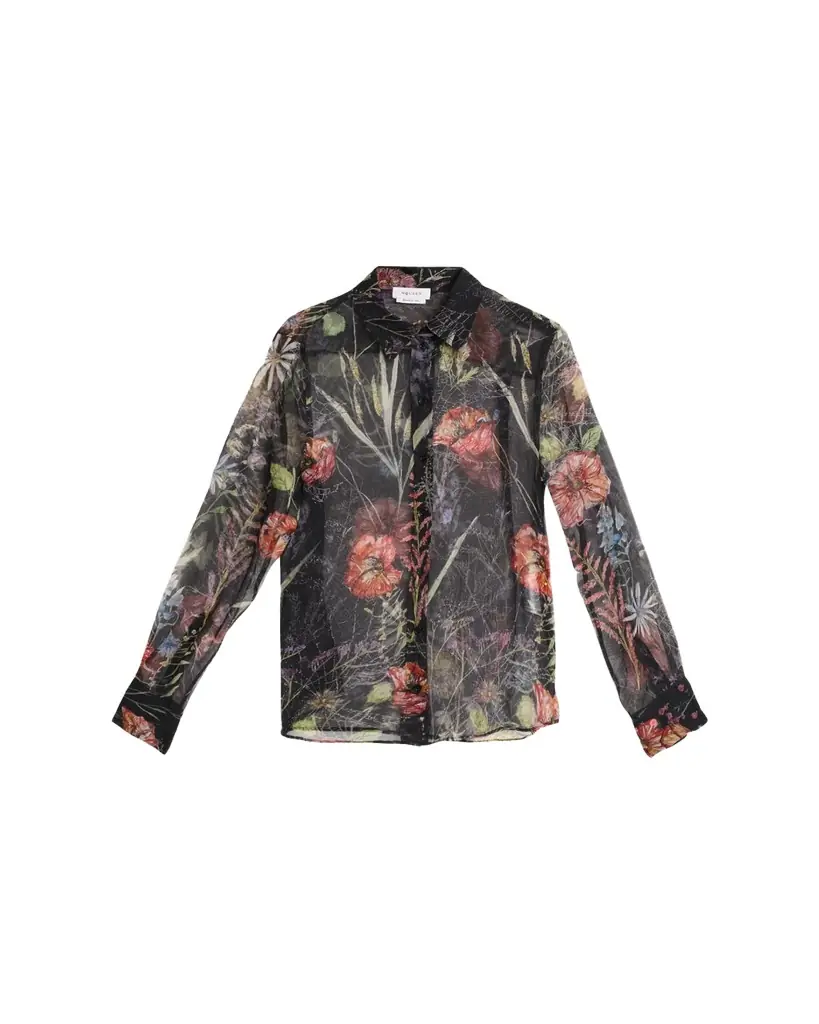 McQueen Floral-Print Silk Organza Collared Blouse
