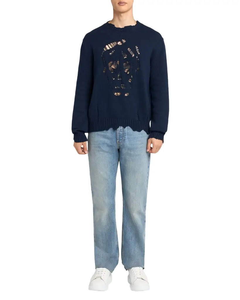 McQueen Men 's Men 's Distressed Skull Cotton Crewneck Sweater