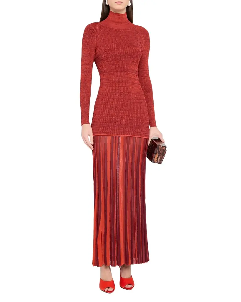 CHRISTOPHER JOHN ROGERS Turtleneck Drop-Waist Pleated Maxi Dress