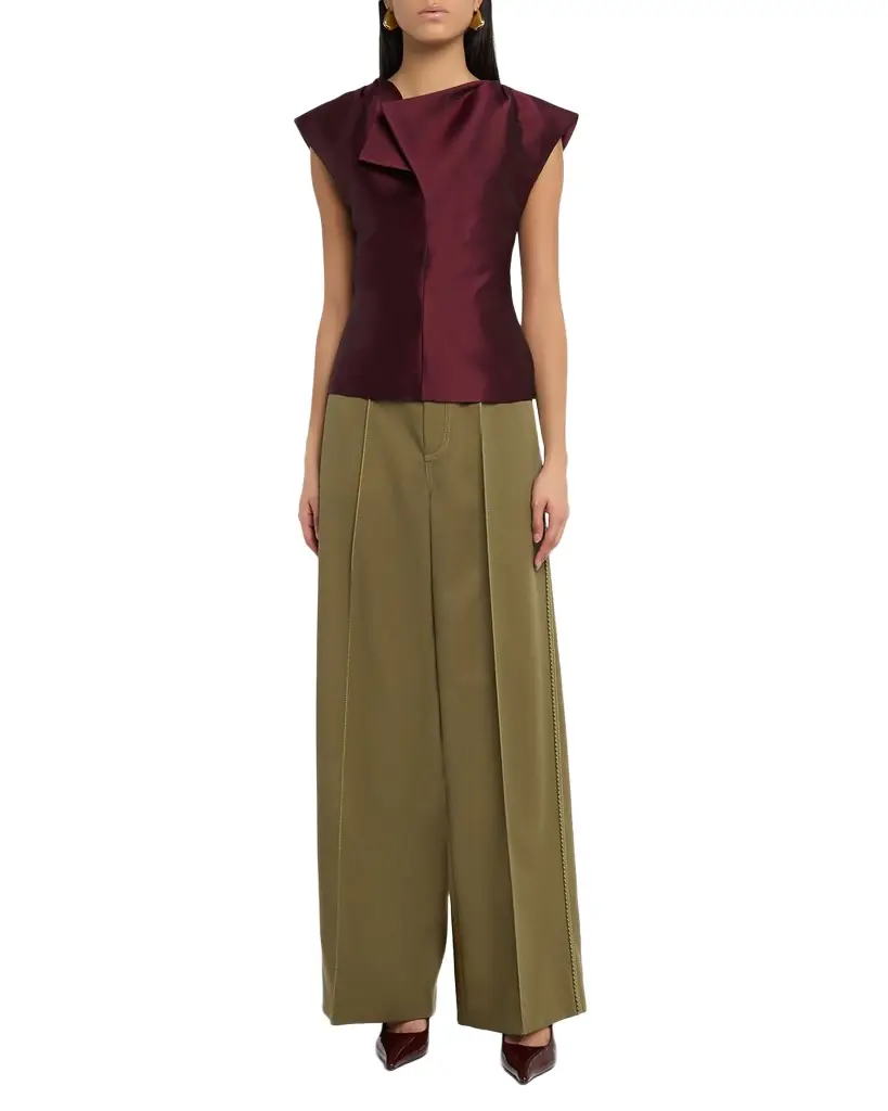 CHRISTOPHER JOHN ROGERS Belted Pintuck Wool Twill Wide-Leg Pants