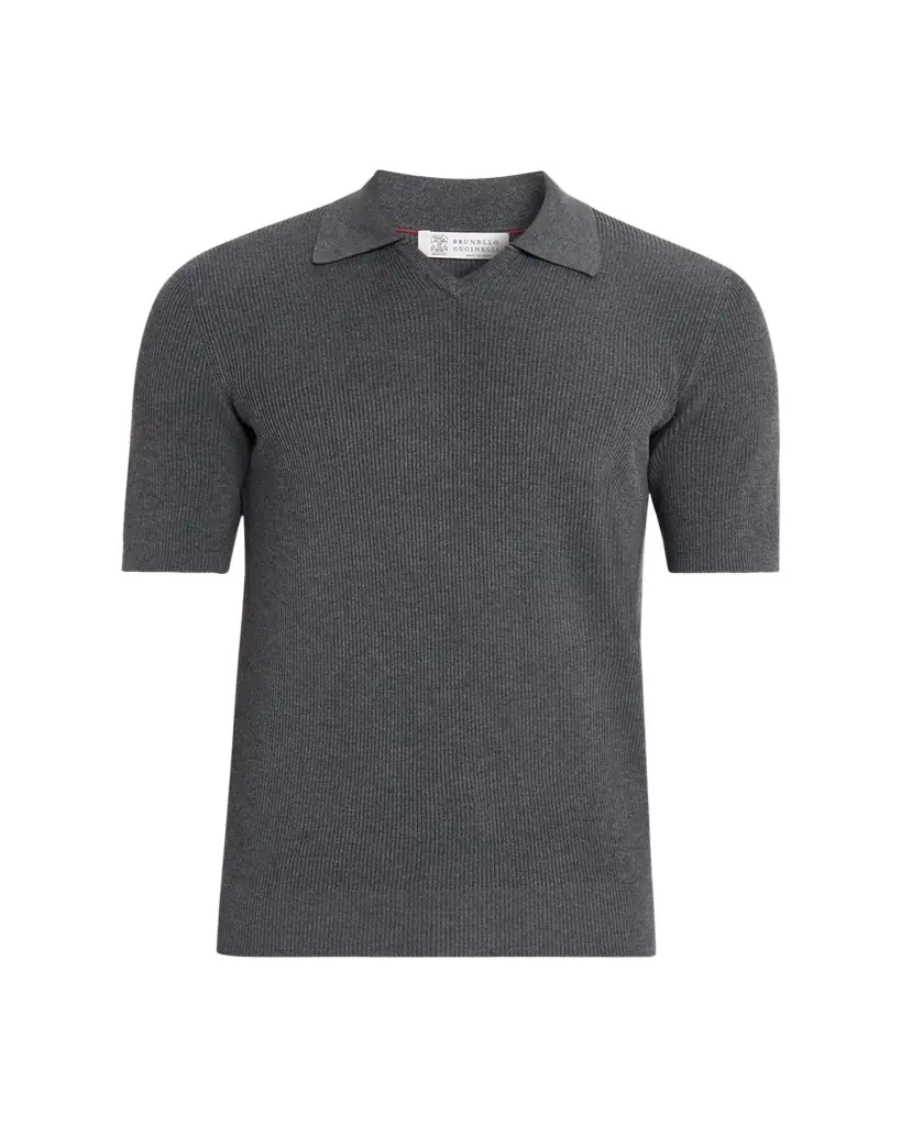 Brunello Cucinelli Men's Cotton Rib Johnny Collar Polo Sweater