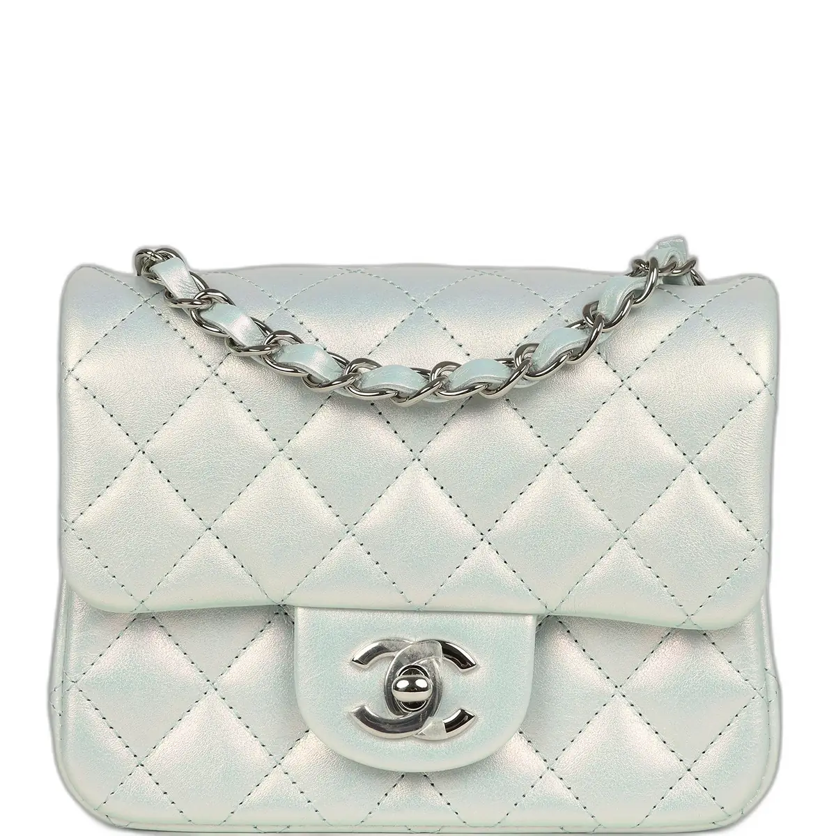 Chanel Chanel Mini Classic Square Flap Bag Blue Iridescent Calfskin Silver Hardware