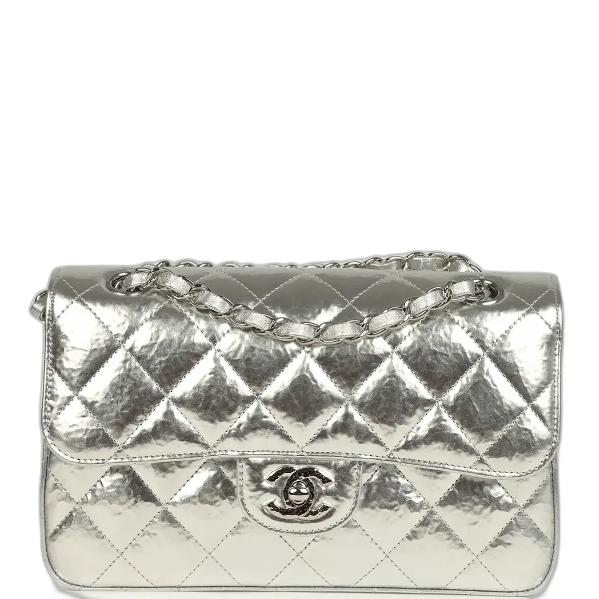 Chanel Pre-owned Chanel Small Classic Double Flap Silver Hammered Metallic Calfskin Silver Hardware