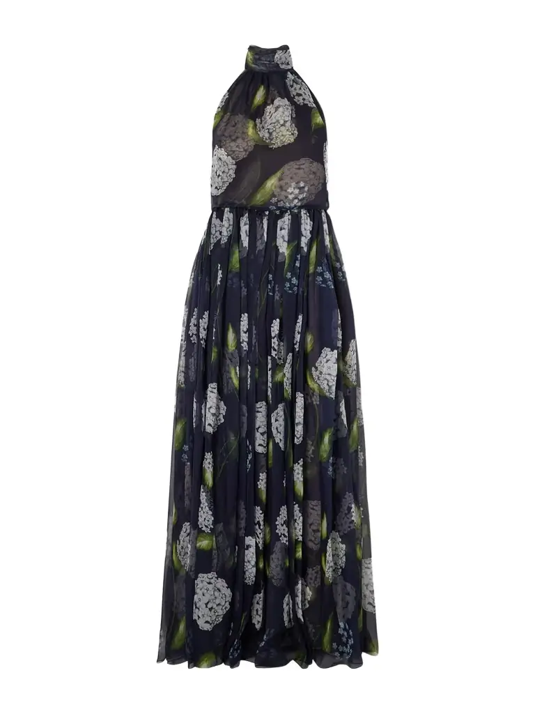 Oscar de la Renta Floral-print Gathered Silk-chiffon Halterneck Gown