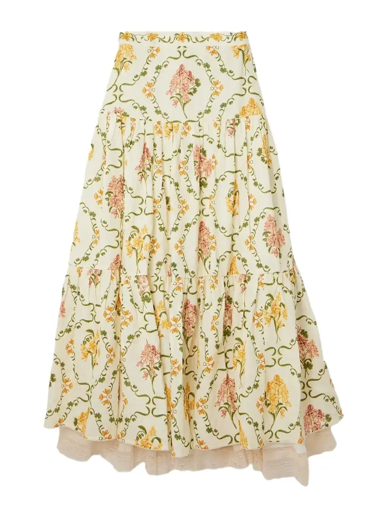 Agua by Agua Bendita Anis Cordillera Tiered Lace-trimmed Floral-print Linen Maxi Skirt