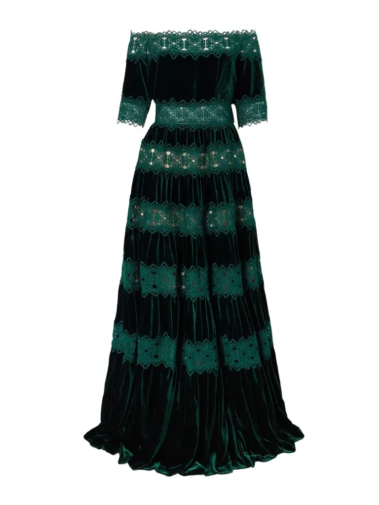 Costarellos Off-the-shoulder Striped Lace And Velvet Gown