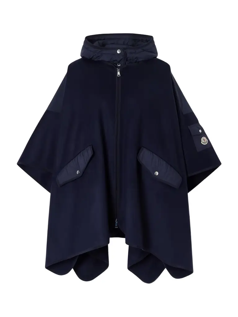 Moncler Hooded Appliquéd Shell-trimmed Wool-blend Cape