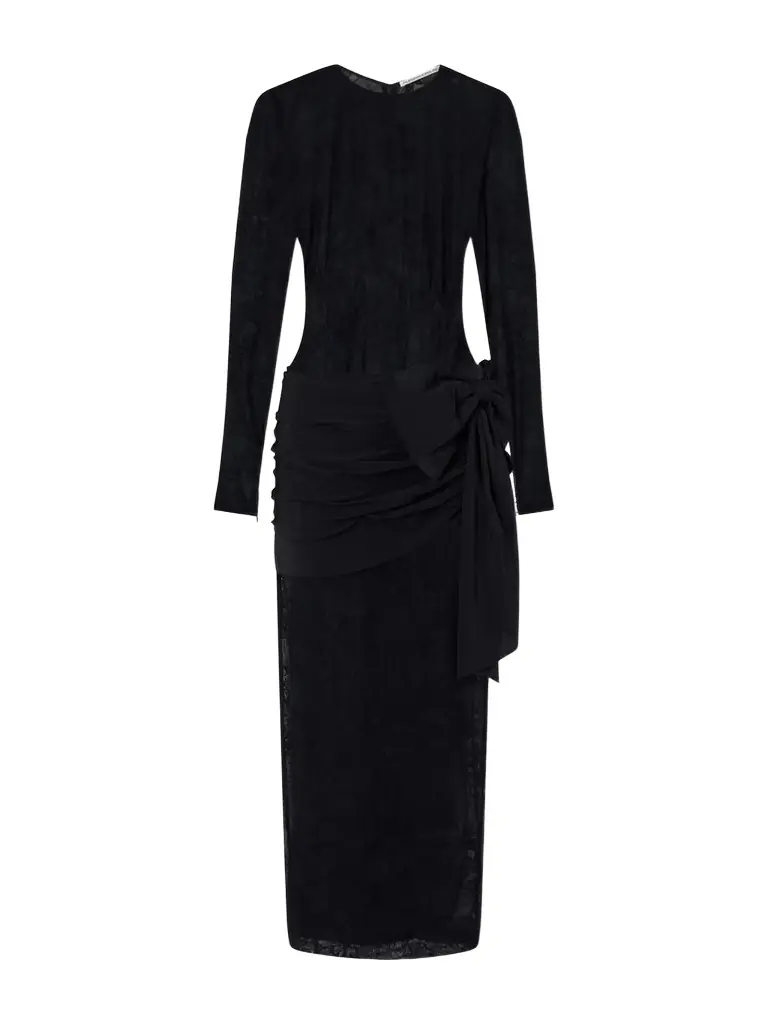 Alessandra Rich Bow-detailed Gathered Lace And Silk-crepe Midi Dress