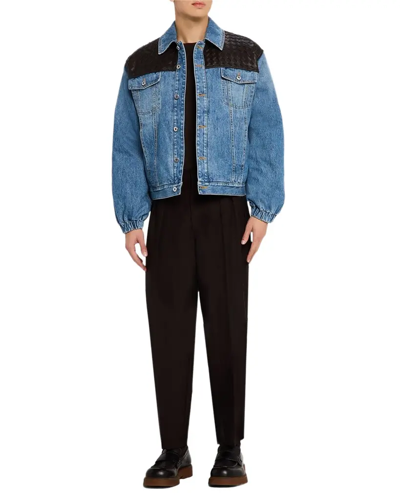 Bottega Veneta Men 's Vintage Denim Jacket w/Intrecciato Yoke