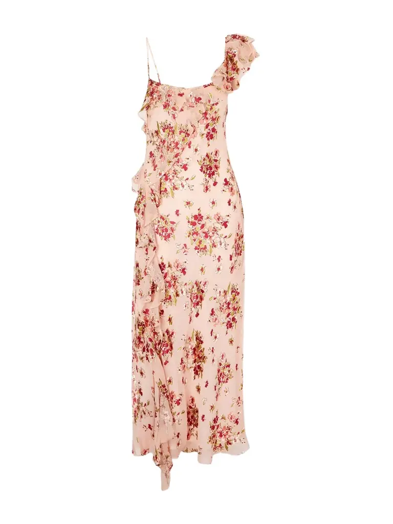Rixo Asymmetric Floral-print Chiffon And Dévoré-velvet Maxi Dress