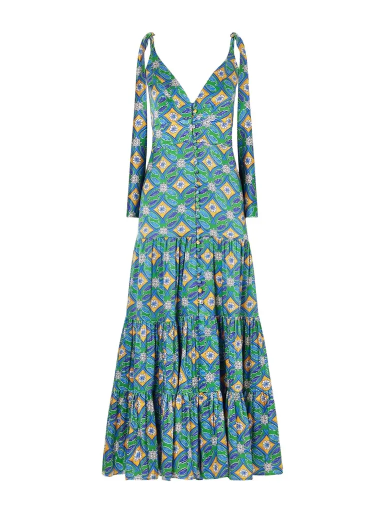 Cristiano Marcheli Donatella Tie-detailed Tiered Printed Silk-blend Satin Maxi Dress