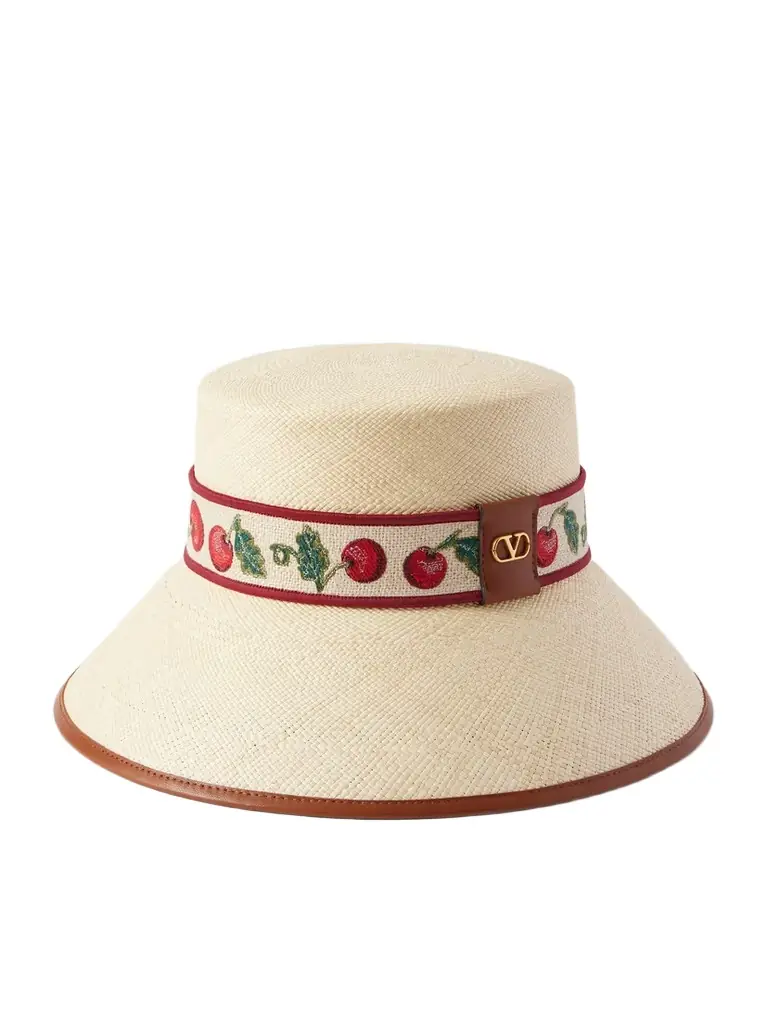 Valentino Garavani Cherryfic Linen-blend And Leather-trimmed Straw Bucket Hat
