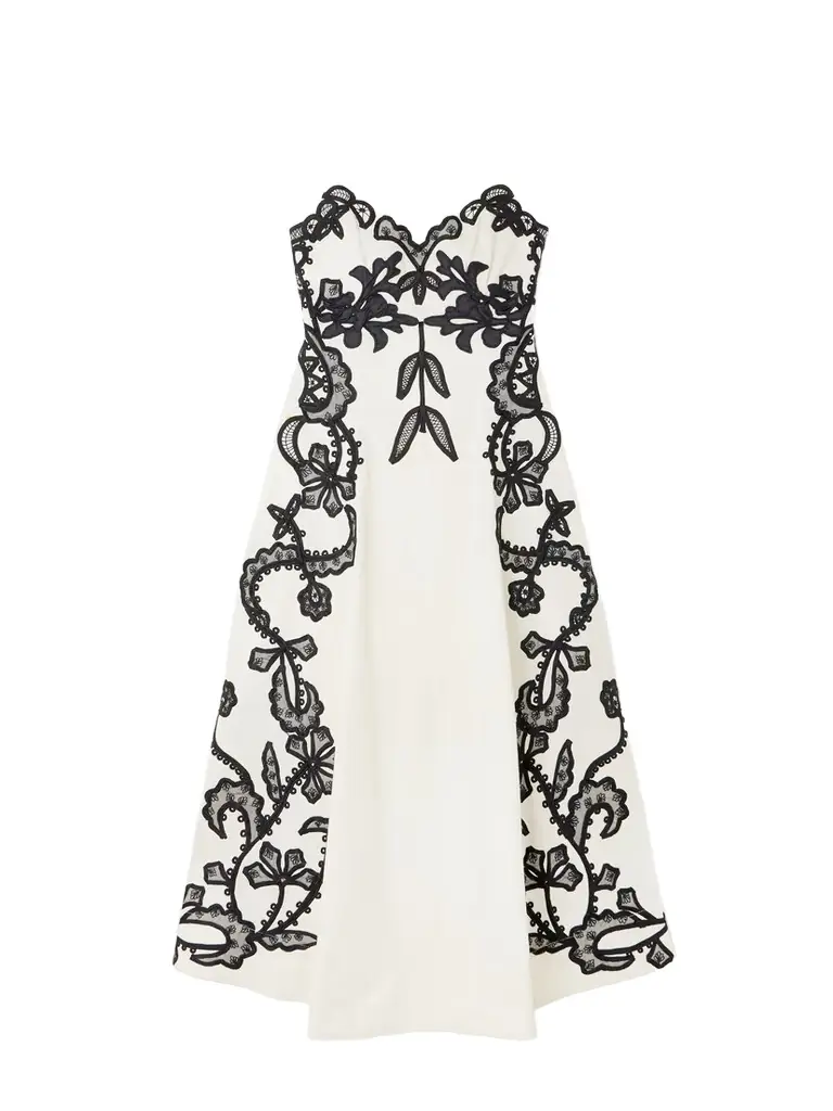 appliqud cotton dress Blue Artisanal Embroidered Lace Front Bow Maxi Dress