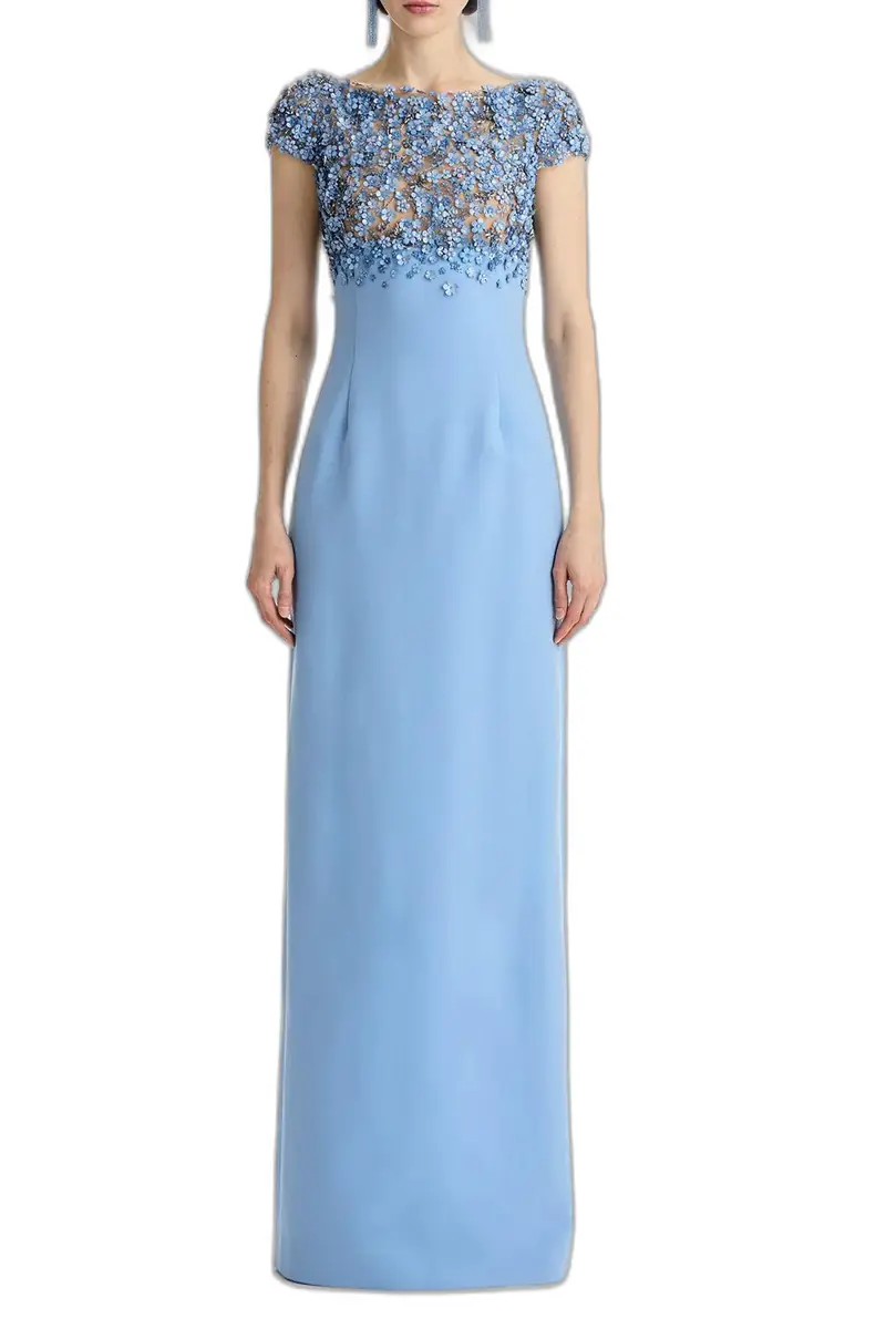 Oscar de la Renta Bitty Hoya Flowers Embroidered Gown