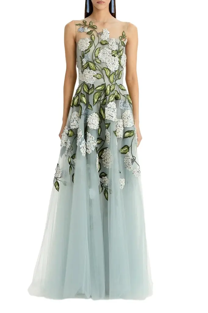 Oscar de la Renta Sleeveless Porcelain Flower Gown