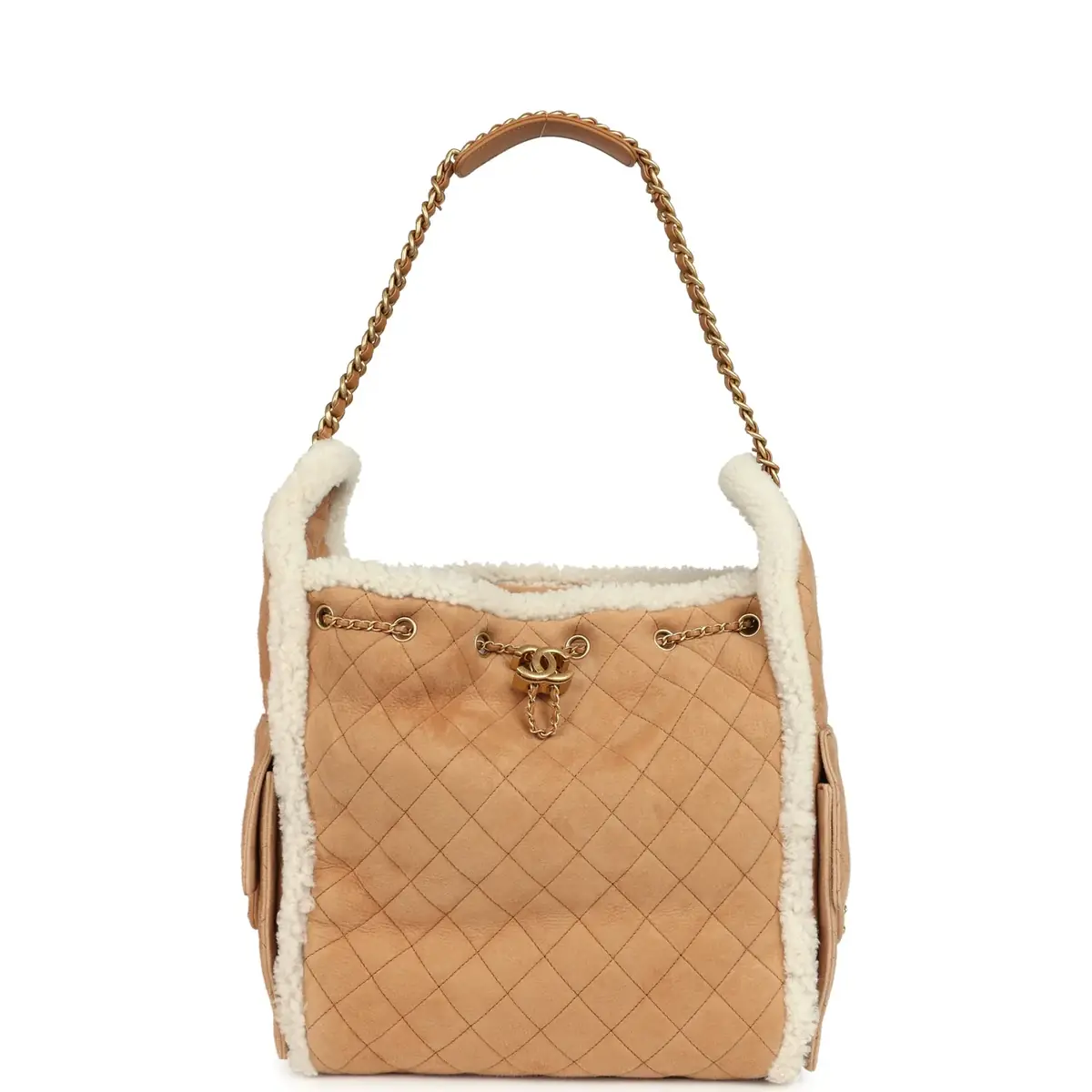 Chanel Chanel Medium 25 Hobo Bag Beige Suede and White Shearling Antique Gold Hardware