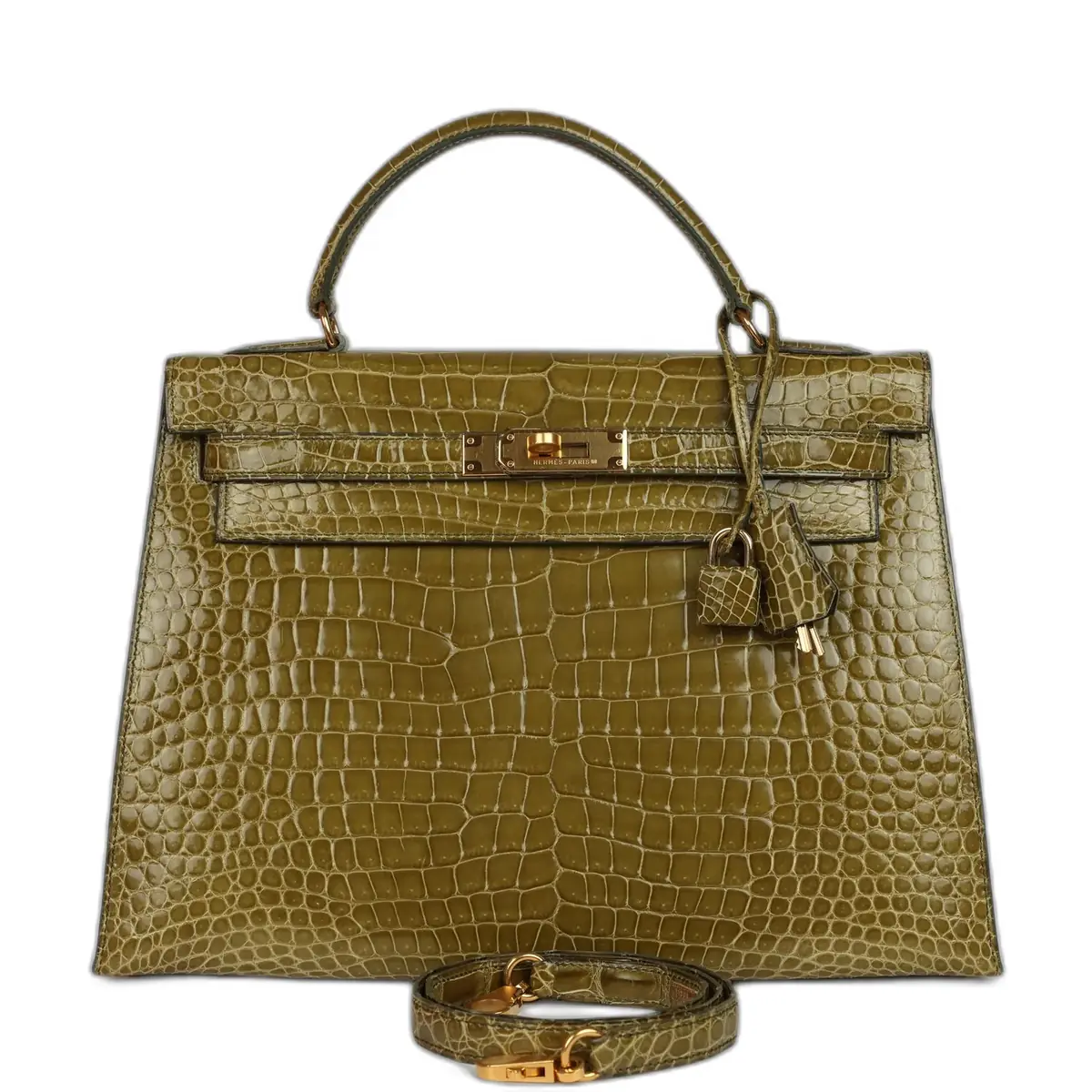 hermes Vintage Hermes Kelly Sellier 32 Vert Anis Shiny Porosus Crocodile Gold Hardware