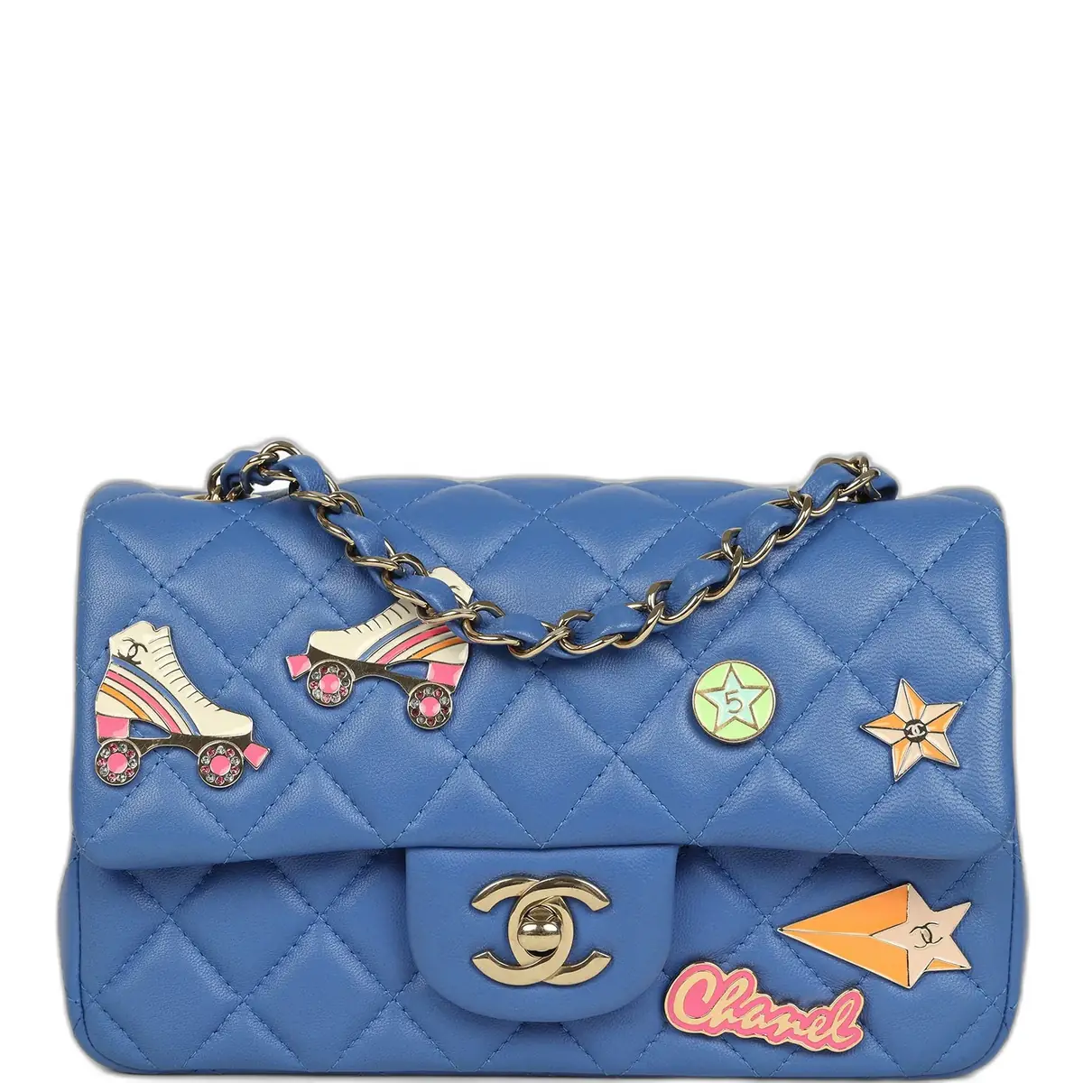 Chanel Preowned Chanel Mini Rectangular Hollywood Charms Flap Bag Blue Lambskin Light Gold Hardware