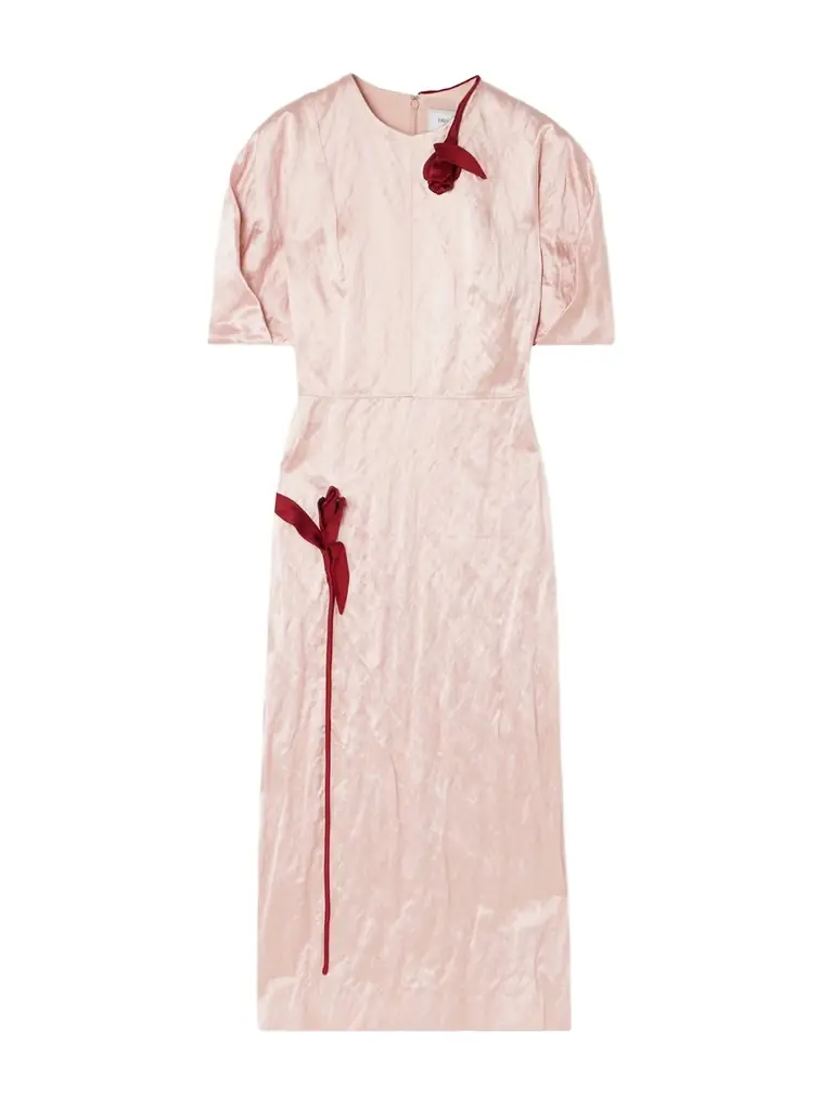 Erdem Bead-embellished Appliquéd Crinkled-satin Midi Dress