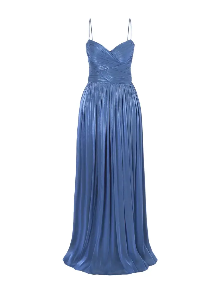 Costarellos Sereen Draped Pleated Metallic Georgette Gown