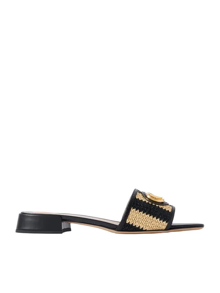 Valentino Garavani Vlogo Embellished Leather-trimmed Striped Raffia Slides