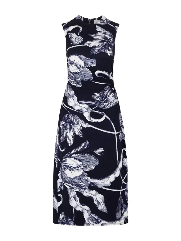 Erdem Gathered Floral-print Ponte Midi Dress