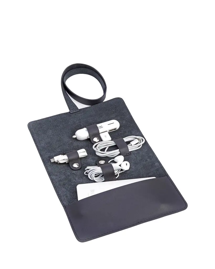 ROYCE New York Monogrammed Leather Tech Cord Accessory Organizer