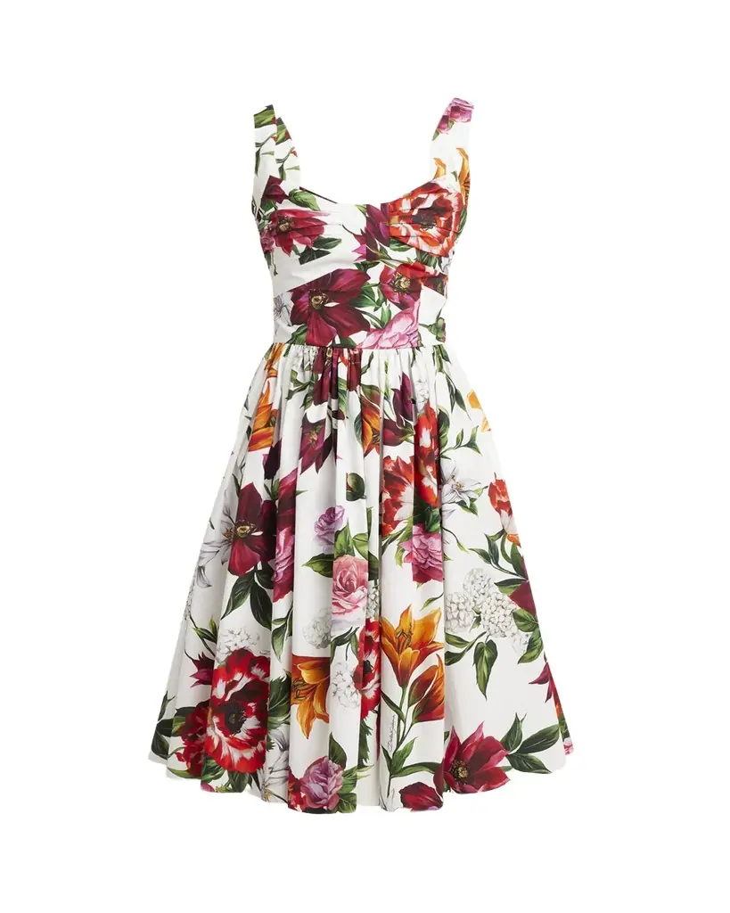 Dolce & Gabbana Floral Poplin Pleated Bust Fit-&-Flare Dress