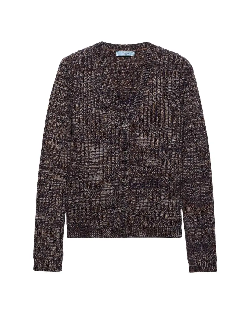 Prada Cashmere-Wool Mouline V-Neck Cardigan