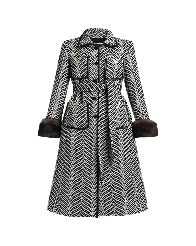 Valentino Garavani Lamb Shearling Cuff Belted Herringbone Coat