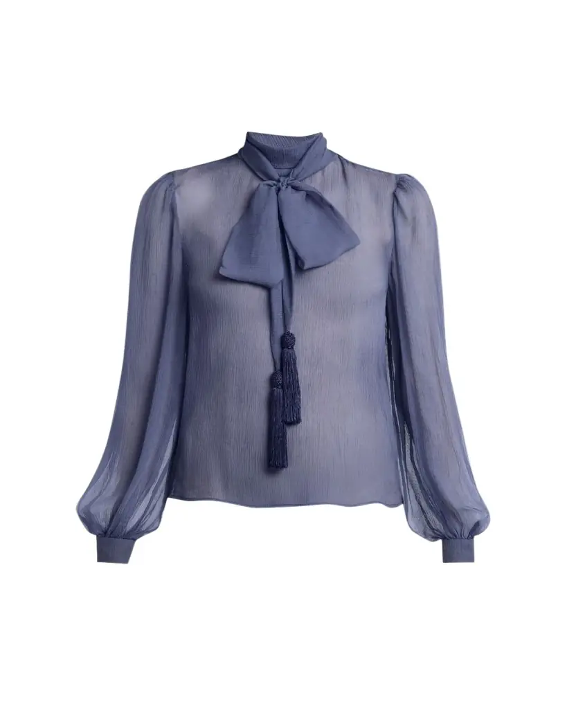 Valentino Garavani Tassel Bow-Neck Crinkle Chiffon Blouse