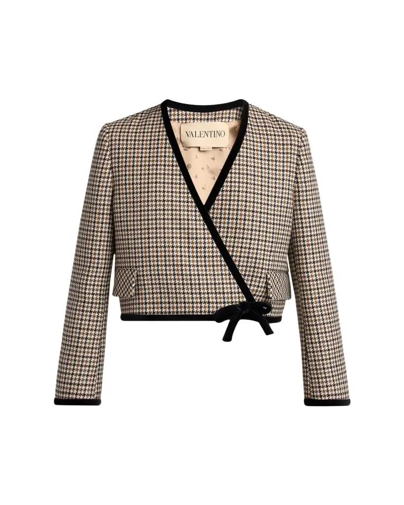 Valentino Garavani Velvet-Trim Houndstooth Crop Wrap Jacket