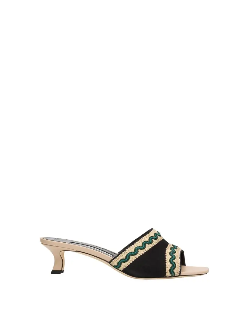 Manolo Blahnik 50mm Marebis Embroidered Crochet-Trim Suede Mules