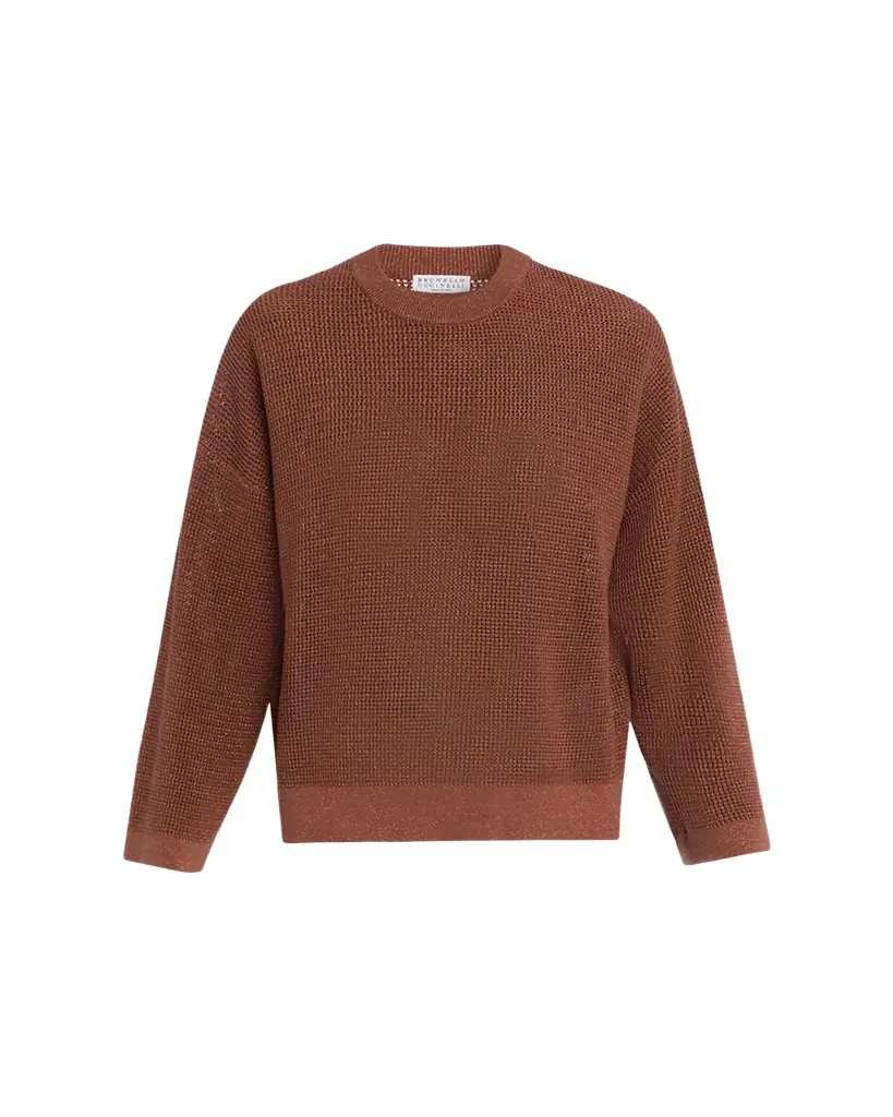 Brunello Cucinelli Metallic Cotton Diamond Stitch Crewneck Sweater