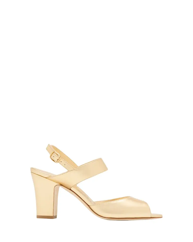 Manolo Blahnik 90mm Khiko Metallic Leather Peep-Toe Slingback Sandals
