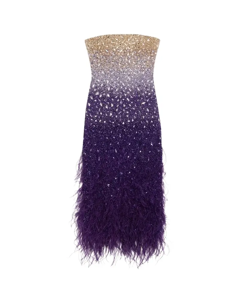 Pamella Roland Signature Sequined Ombré Feather-Trim Gown