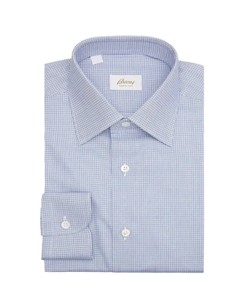 Brioni Men's Cotton Micro-Check Point Collar Dress Shirt