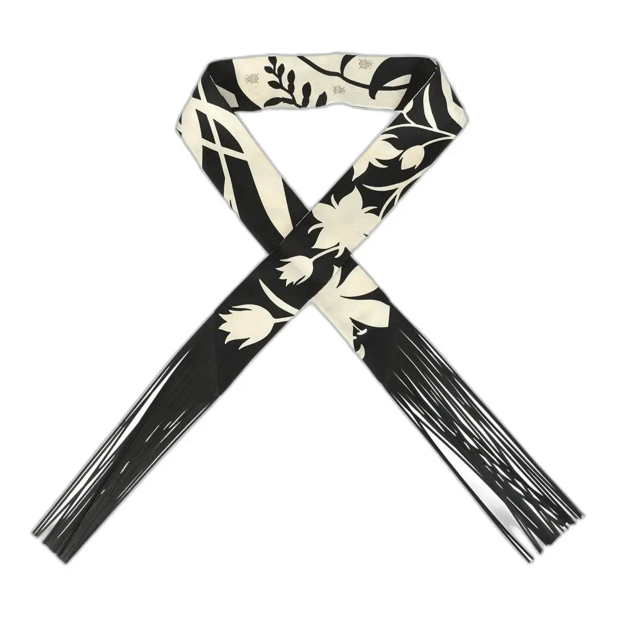hermes Hermes "Bouquet Final" Cream and Black Fringe Silk Twilly