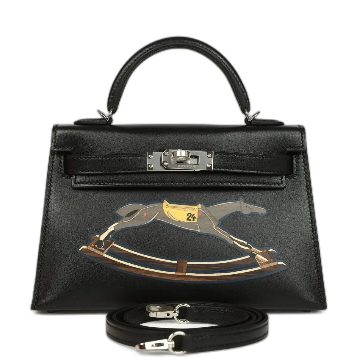 hermes Hermes Kelly Sellier 20 "Cheval De Bois" Black and Multi Tadelakt Palladium Hardware