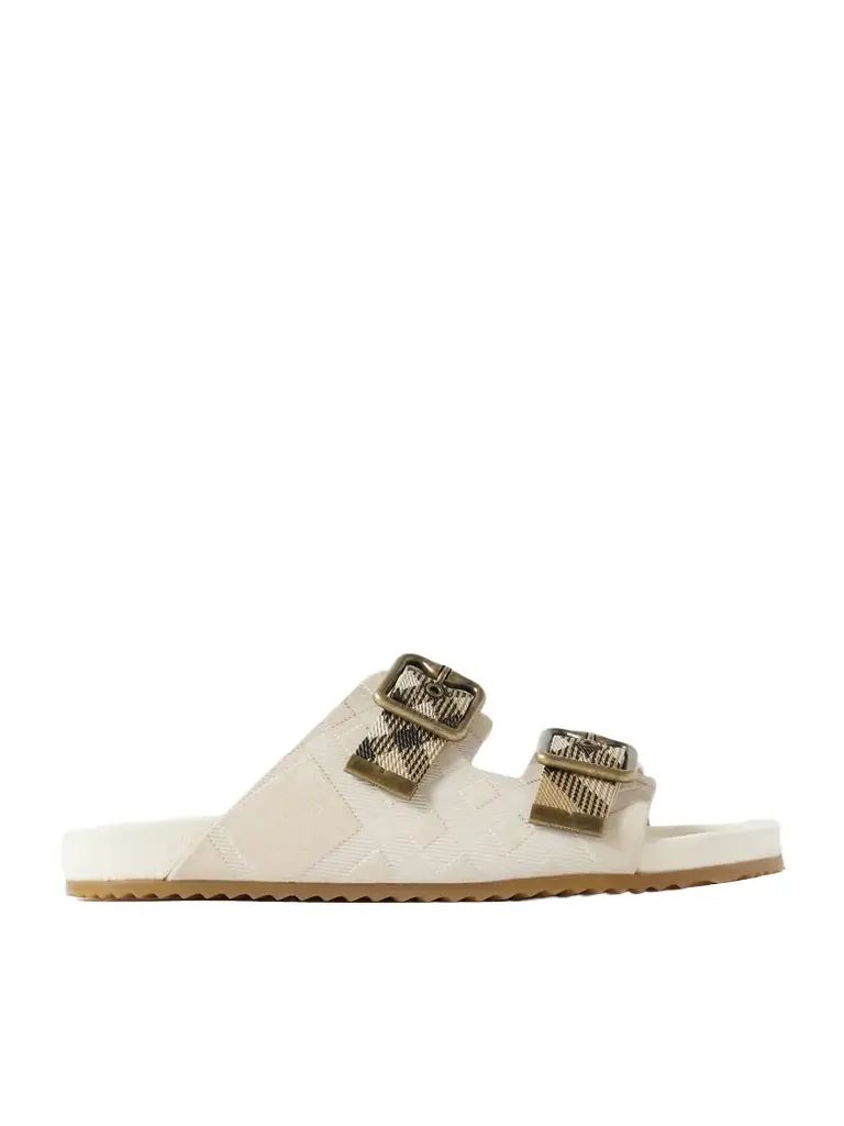 Burberry Checked Canvas Jacquard-trimmed Suede Sandals