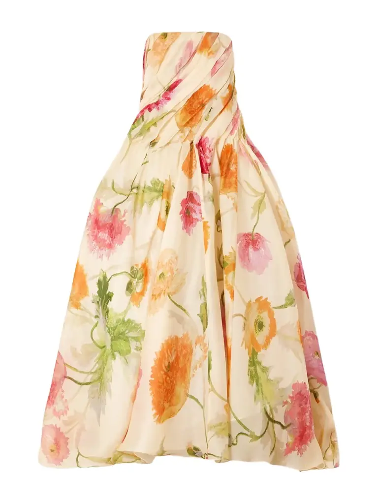 Carolina Herrera Strapless Draped Floral-print Silk-organza Gown