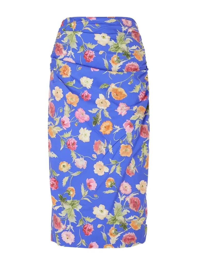 Carolina Herrera Ruched Floral-print Cotton-blend Midi Skirt