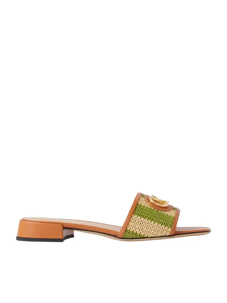 Valentino Garavani Vlogo Embellished Leather-trimmed Striped Raffia Slides