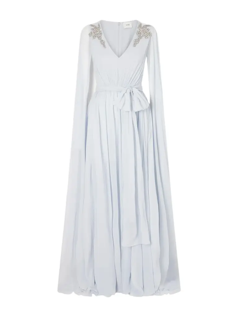 Erdem Belted Cape-effect Crystal-embroidered Silk-crepon Gown