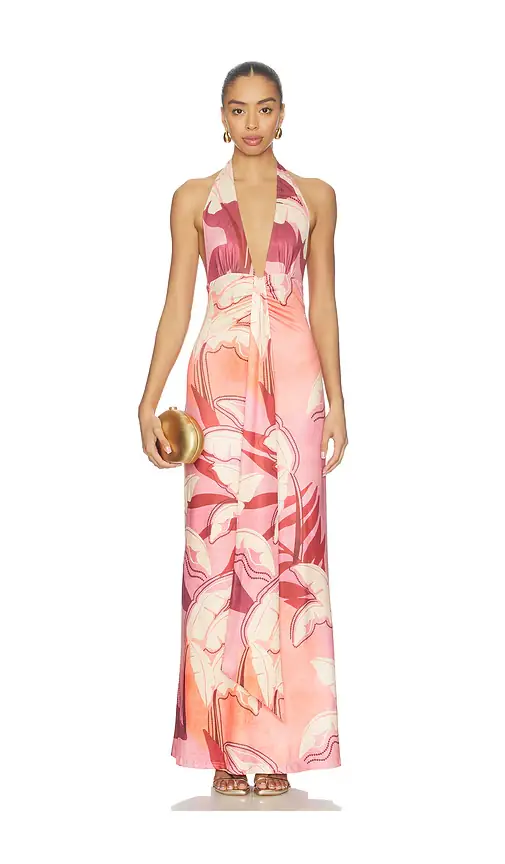 SEVEN WONDERS Kaeli Tie Front Halter Maxi Dress