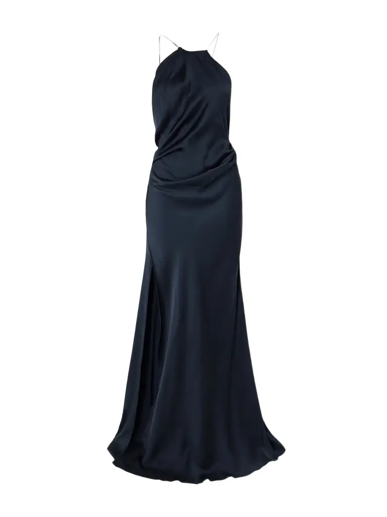 Victoria Beckham Chain-embellished Draped Satin Halterneck Gown