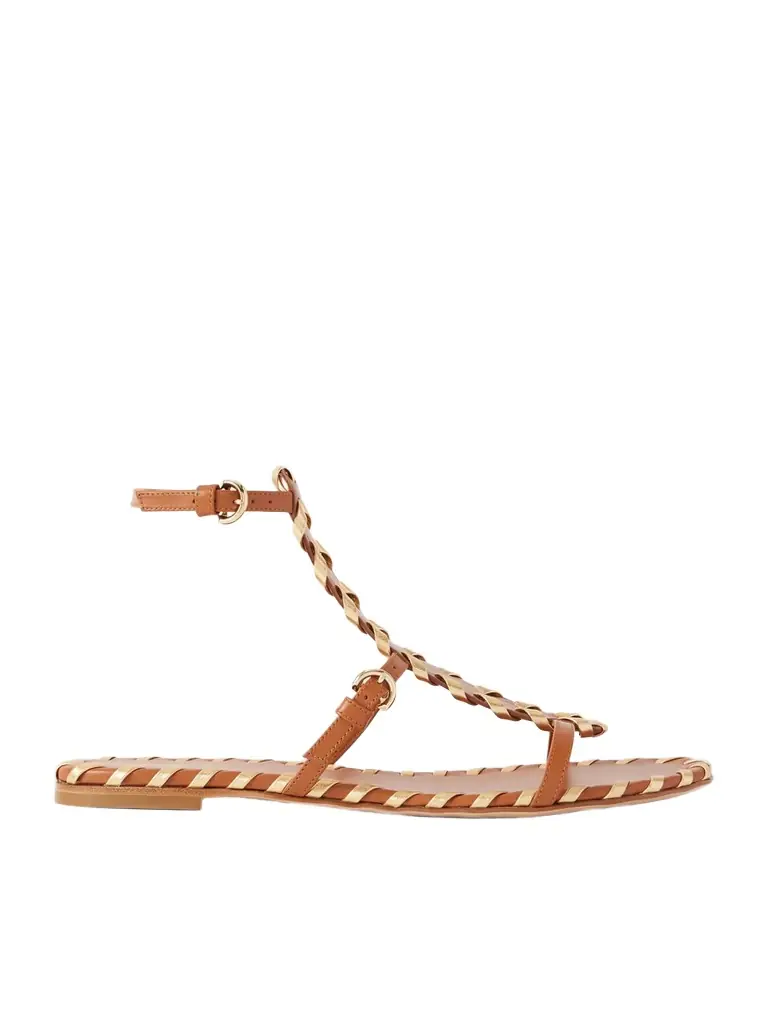 Gianvito Rossi Whipstitched Metallic Leather-trimmed Leather Sandals