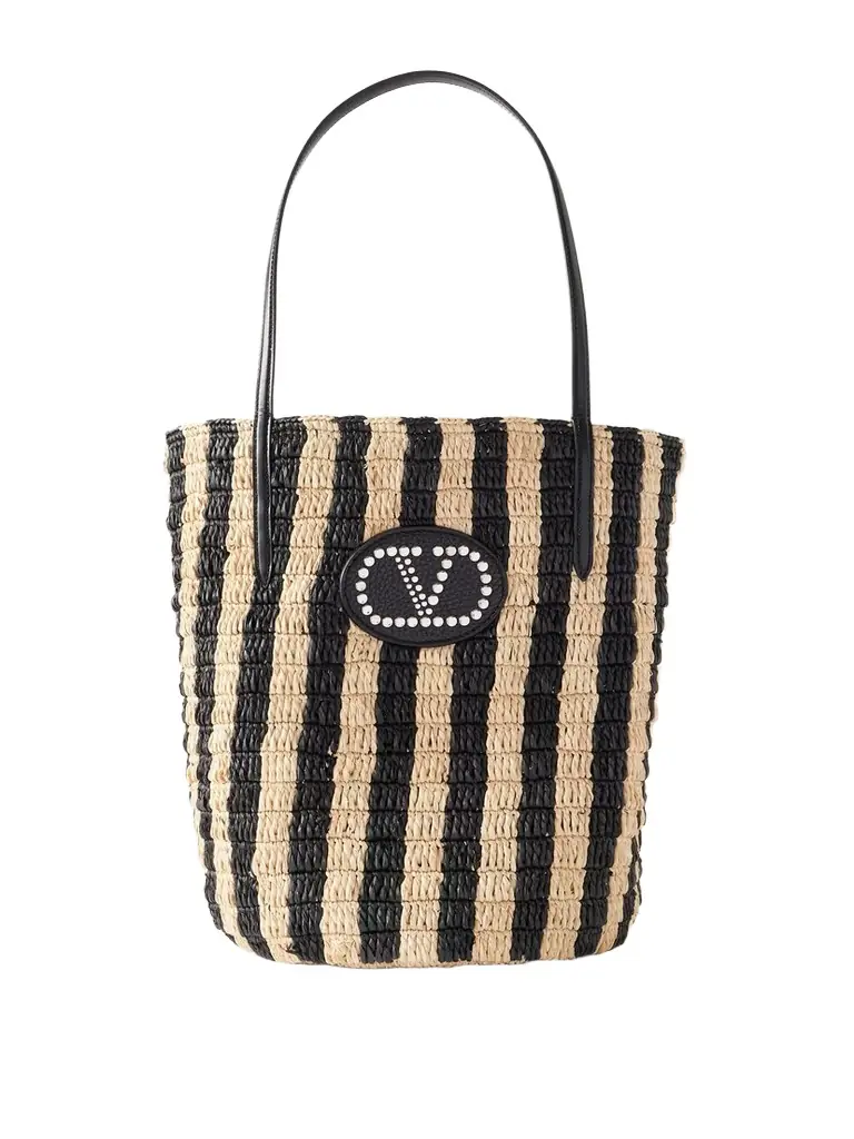 Valentino Garavani Vlogo Signature Small Leather-trimmed Striped Raffia Bucket Bag